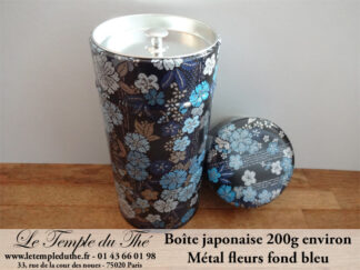 Boîte à thé japonaise 200g métal fleurs fond bleu