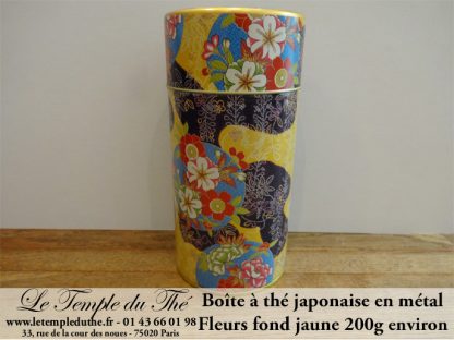 Boîte à thé japonaise laquée fleurs fond jaune
