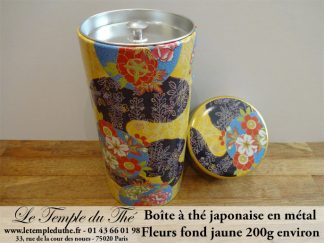 Boîte à thé japonaise laquée fleurs fond jaune