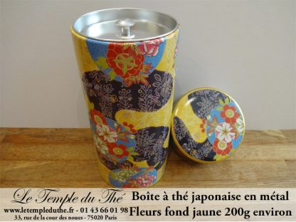 Boîte à thé japonaise laquée fleurs fond jaune
