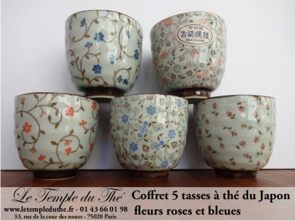 Coffret de 5 tasses japonaises 10 cl fleurs roses et bleues