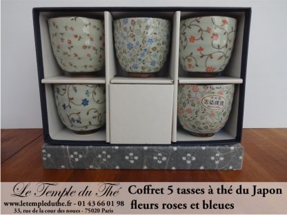 Coffret de 5 tasses japonaises 10 cl fleurs roses et bleues