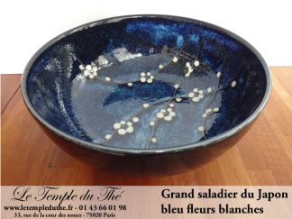 Grand saladier du Japon bleu fleurs blanches