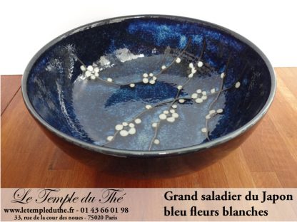 Grand saladier du Japon bleu fleurs blanches