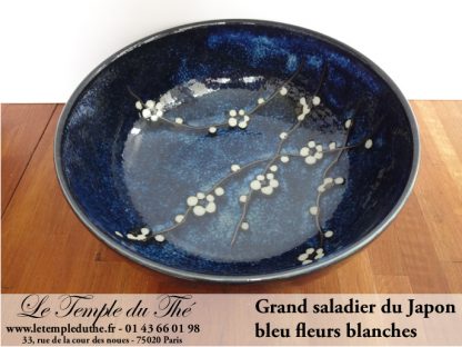 Grand saladier du Japon bleu fleurs blanches