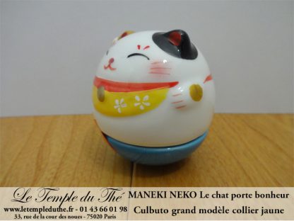 Maneki-Neko Le chat porte bonheur culbuto collier jaune