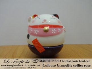 Maneki-Neko Le chat porte bonheur culbuto collier rose