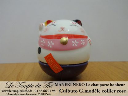 Maneki-Neko Le chat porte bonheur culbuto collier rose