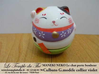 Maneki-Neko Le chat porte bonheur culbuto collier violet