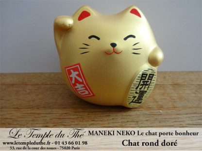 Maneki-Neko Le chat porte bonheur rond doré