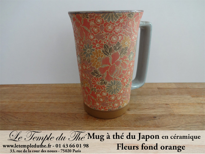 Long mug à thé du Japon en céramique 35 cl fleurs fond orange