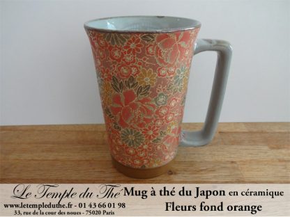 Long mug à thé du Japon en céramique 35 cl fleurs fond orange