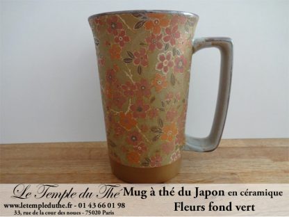 Long mug à thé du Japon en céramique 35 cl fleurs fond vert