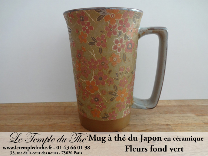 Long mug à thé du Japon en céramique 35 cl fleurs fond orange